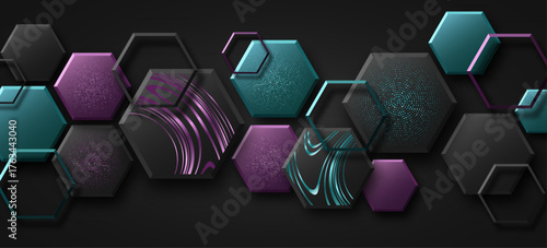 Geometric background of colorful 3D hexagons textured with shiny striped wavy pattern and dotted texture. Abstract design for greeting card or fashion banner. Vector illustration.