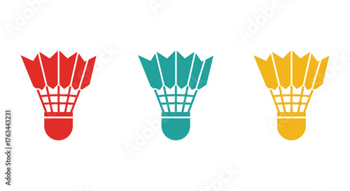 Three colorful badminton shuttlecocks presented in a simple illustrative style