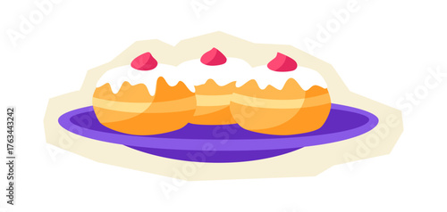 Happy Hanukkah donut sticker. Holiday icon in cartoon style.