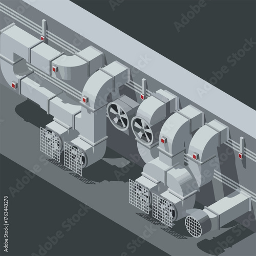 Industrial ventilation system with fans and ducts.