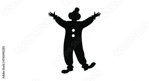 Silhouette of a joyful clown with arms outstretched in celebration