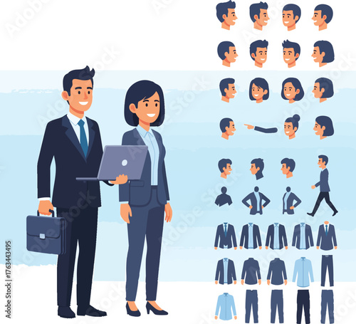 Vector business people character constructor set for animation with various poses outfits and expressions.