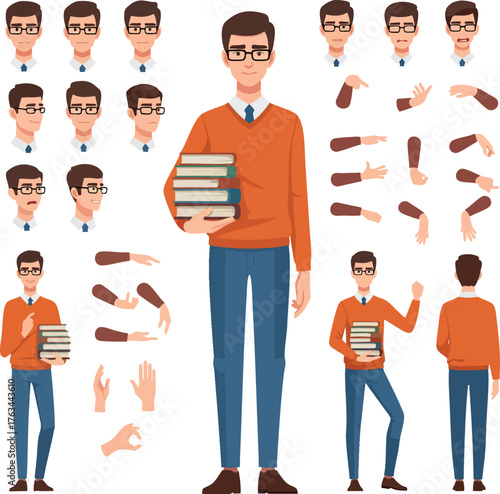 Young man character constructor kit with glasses books various poses and facial expressions.