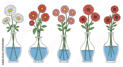 A colorful arrangement of flowers in glass vases simple botanical illustration