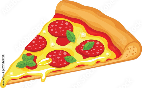 Delicious pepperoni pizza slice with melted cheese and fresh basil leaves art