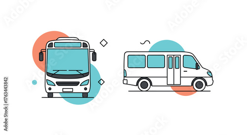 Two white transport vehicles bus and van on white background.