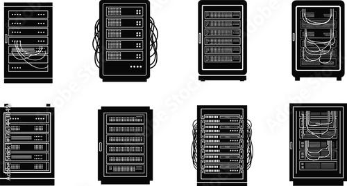 Server rack illustrations, data center equipment, network cabinet front view, IT infrastructure setup, cable management, digital storage, technology hardware