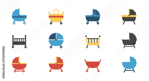 Collection of colorful baby carriage and cradle vector icons displayed neatly
