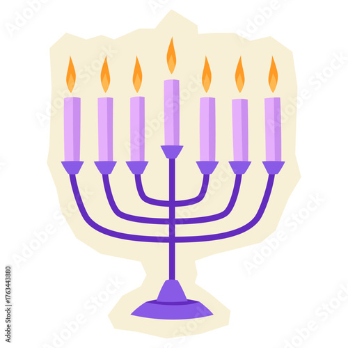 Happy Hanukkah menorah sticker. Holiday icon in cartoon style.