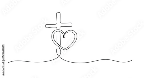Christian Faith Symbol Heart Cross Line Art Illustration.
