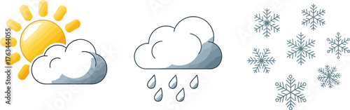 Weather forecast icons showing sun behind cloud rain cloud and snowflakes set