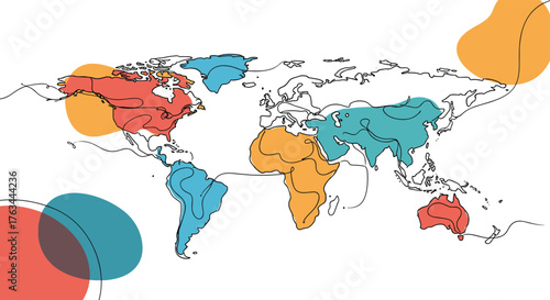 World map illustration with continents highlighted in different colors.