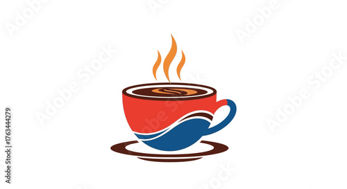 Stylized red and blue coffee cup with steam simple graphic design