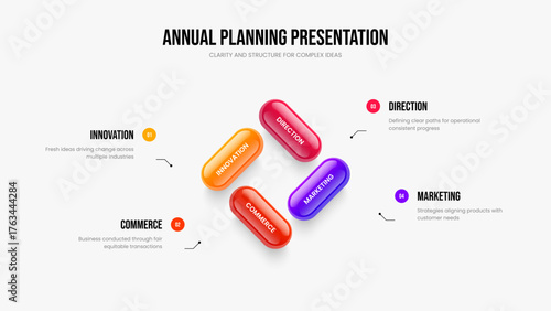 Company Innovation Presentation Template Vector Illustration. Enterprise Analysis 4 Step Infographic Slideshow Layout. Advertising Forecast Four Element Diagram Slide Design.