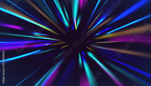  Radial blue starburst with glowing circular stripes and zoom motion. Futuristic light explosion vector for tech design, digital interface, sci-fi wallpaper and abstract speed background
