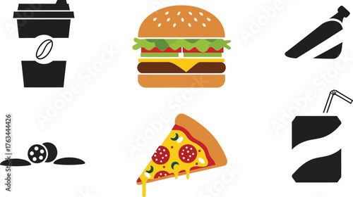 Delicious fast food icons including burger pizza and coffee on a white background