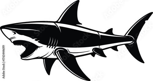 Silhouette shark with open mouth in black and white vector illustration