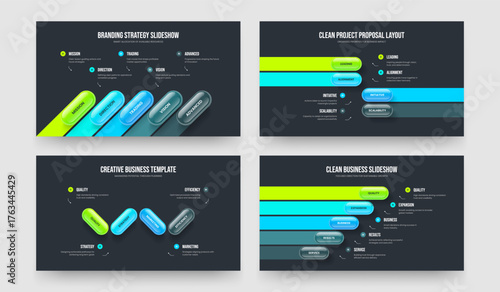 Business Performance 5 4 Step Infographic Presentation Layout Set. Financial Briefing Five Four Element Diagram Frame Template Vector Illustration Bundle.