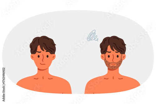 Unshaven man was transformed and became handsome after using razor with sharp blade. Guy recommends new shaving foam or high-quality razor that allows you to avoid discomfort and itching