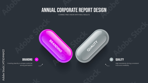 Financial Briefing 2 Element Diagram Frame Template. Advertising Showcase Slide Layout Vector Illustration. Corporate Portfolio Two Step Infographic Presentation Design.