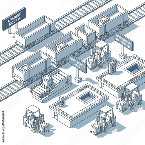 Isometric Factory Illustration with Conveyor Belts and Forklifts.