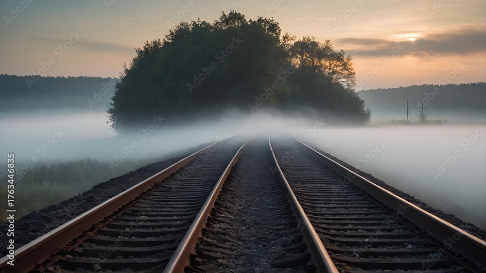 Fototapeta premium Misty railway tracks disappearing into a foggy landscape at dawn.