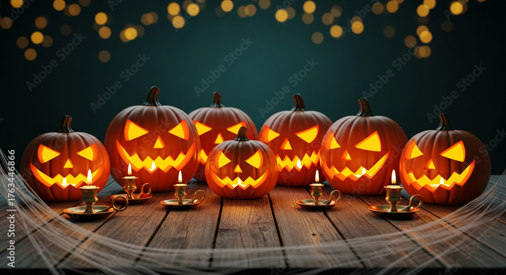 Row of carved pumpkins with candle light on wood, showing festive Halloween spirit with glowing expression, creating spooky, thematic decoration
