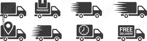Delivery truck icon set, fast shipping symbol, free delivery badge, package tracking, location pin, express courier, logistics vector illustration
