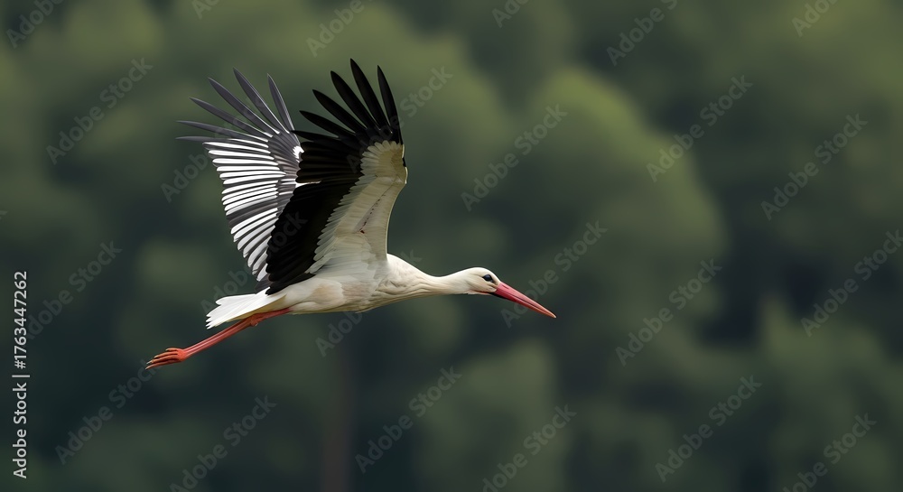 Obraz premium Elegant white stork gracefully flying with outstretched wings against lush green forest background showcasing wildlife and nature beauty