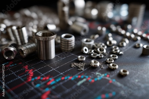 There is a metal stock chart on the table and a bunch of small metal parts are on top of the charts