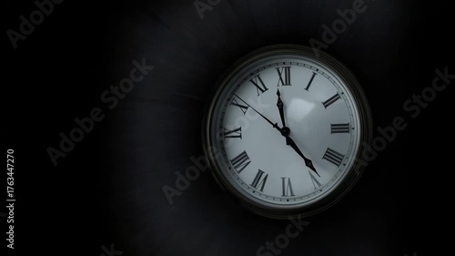 Wallpaper Mural Emerging Roman clock face ticking second hand, advancing minute, hour hands in dark room, metal rim Torontodigital.ca