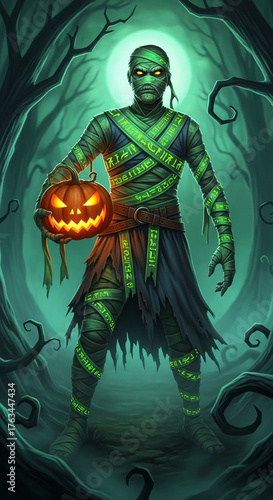 Full shot of a mummy holding a carved pumpkin in a forest. Its eerie appearance evokes a sense of mystery and supernatural atmosphere for Halloween concepts