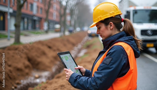 Woman using tablet, a construction worker consulting information on site. Woman using tablet, inspecting the progress of city maintenance.