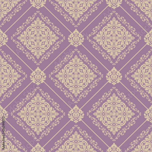 Refined diamond damask pattern in lavender and cream, featuring elegant vintage-style ornamentation. Ideal for fabric prints, paper designs, or luxury decor.