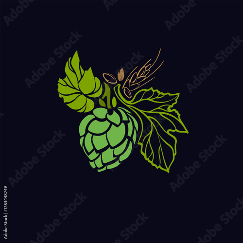 Vintage craft beer symbol. Hop green cone, barley