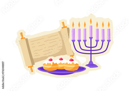 Happy Hanukkah sticker with traditional symbols. Holiday image in cartoon style.