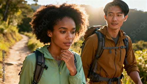 adventurous hikers exploring scenic trail during golden hour in mountainous terrain