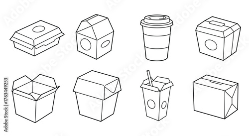 Line art illustration of various takeaway food containers and packaging