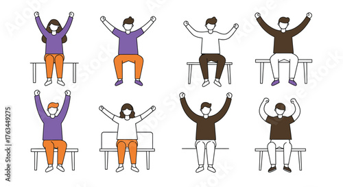 Diverse group of people sitting and raising their arms cheerfully