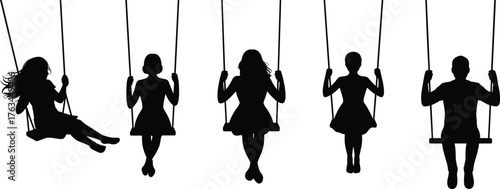 Silhouette swing sitting, people on swings, leisure posture, black vector art, cad drawing flat vector illustration, minimal design
