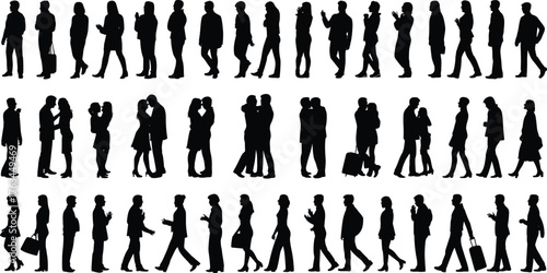 Silhouettes of people, urban interaction, daily life, human behavior, communication, mobile usage, abstract crowd, black figures, social activity, white background