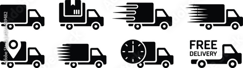 Delivery truck icon set, fast shipping, GPS tracking, free delivery, logistics symbol, courier service, express transport, black and white