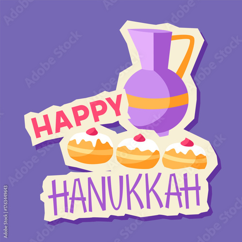 Happy Hanukkah sticker with donut and jug. Holiday image in cartoon style.