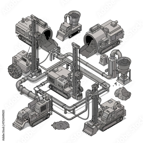 Isometric Industrial Mining and Construction Site with Heavy Machinery.