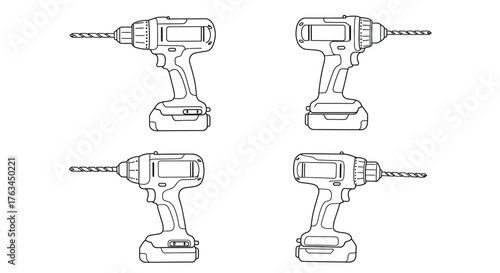 Four line art depictions of cordless power drills front and side views