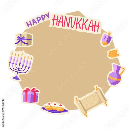 Happy Hanukkah card with stickers. Illustration with holiday objects.