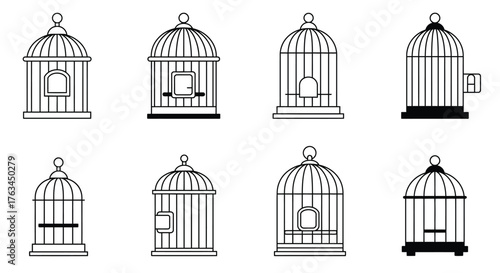 Collection of ornate birdcages displayed in a simple black and white style