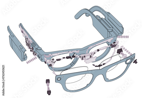Detailed exploded view vector illustration of smart glasses augmented reality AR spectacles internal electronic components circuit boards camera and sensors futuristic wearable technology