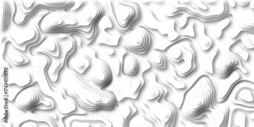 Abstract topographic map contour lines in white creating a layered relief texture with soft shadows and a clean minimalist background for design