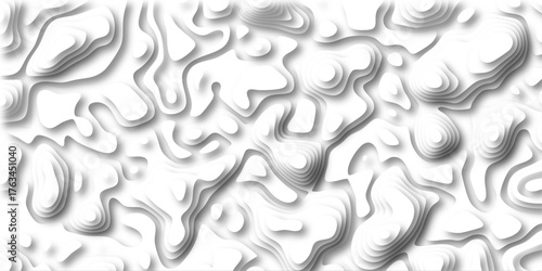 White topographic map contour lines creating a layered abstract relief texture with soft shadows and a clean minimalist background for digital art